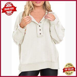 Plus Size Oversized Henley Sweatshirt Long Sleeve Pullover Casual Top